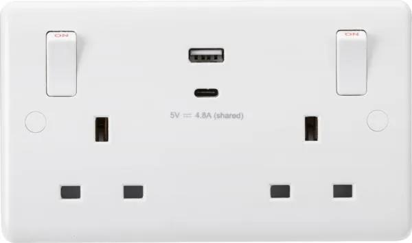 13A 2G Switched socket with outboard rockers and dual USB (A+C) 5V DC 4.8A shared (White)