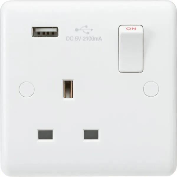 Curved Edge 13A 1G Switched Socket with USB Charger (5V DC 2.1A) (White)
