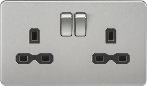 Screwless 13A 2G DP switched socket – brushed chrome with black insert (Brushed Chrome Black)