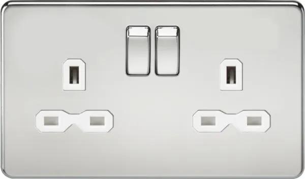 Screwless 13A 2G DP switched socket – polished chrome with white insert (Polished Chrome White)