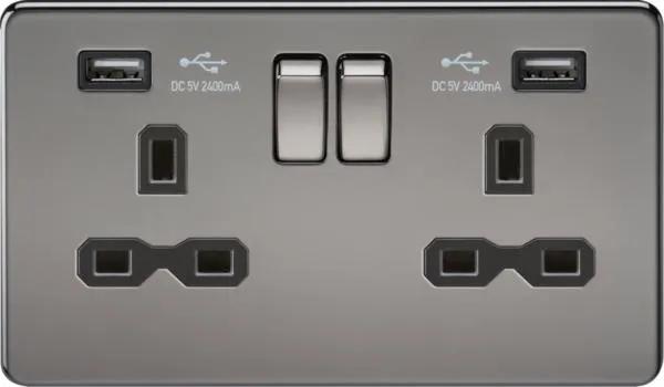 2 Gang socket with USB Black nickel (Nickel Black)