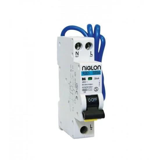 Niglon RCBO1-6/30SSAX 6 Amp Single Pole B Curve 30mA 240V Compact Mini Type A Switched Line & Neutral RCBO
