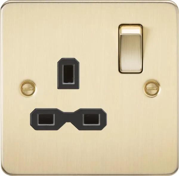 Flat plate 13A 1G DP switched socket – brushed brass with black insert (Brushed Black Brass)