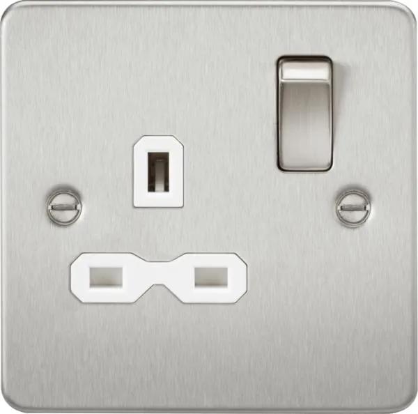 Flat plate 13A 1G DP switched socket – brushed chrome with white insert (Brushed Chrome White)