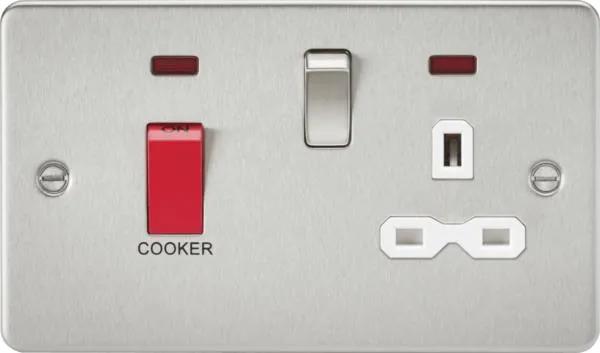 Flat plate 45A DP switch and 13A switched socket with neon – brushed chrome with white insert (Brushed Chrome White)