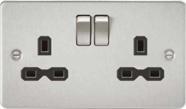 Flat plate 13A 2G DP switched socket – brushed chrome with black insert (Brushed Chrome Black)