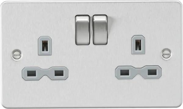 Flat plate 13A 2G DP switched socket – brushed chrome with grey insert (Brushed Chrome Grey)