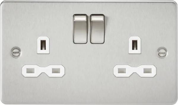 Flat plate 13A 2G DP switched socket – brushed chrome with white insert (Brushed Chrome White)