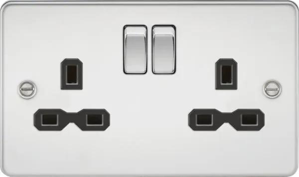 Flat plate 13A 2G DP switched socket – polished chrome with black insert (Polished Chrome Black)