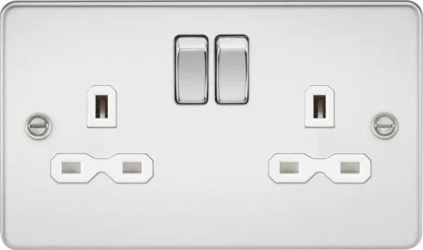Flat plate 13A 2G DP switched socket – polished chrome with white insert (Polished Chrome White)