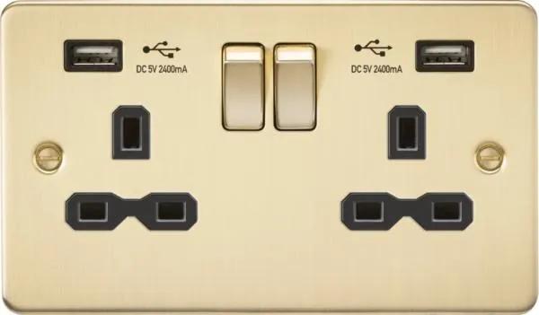 13A 2G switched socket with dual USB charger A + A (2.4A) – Brushed brass with black insert (Brushed Black Brass)