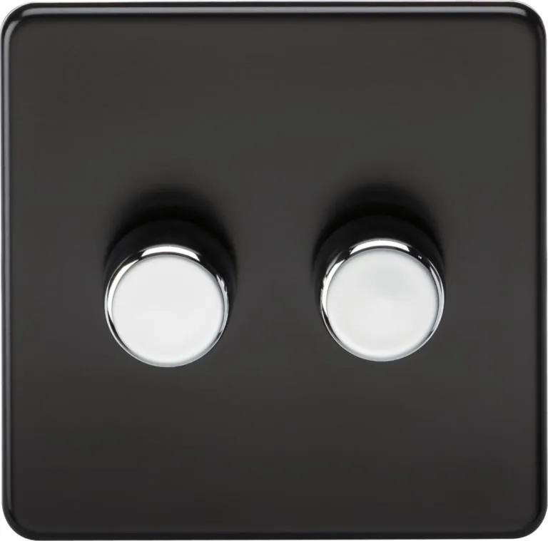 Screwless 2G 2-way 10-200W (5-150W LED) trailing edge dimmer – Matt Black with chrome knobs (Chrome Black)