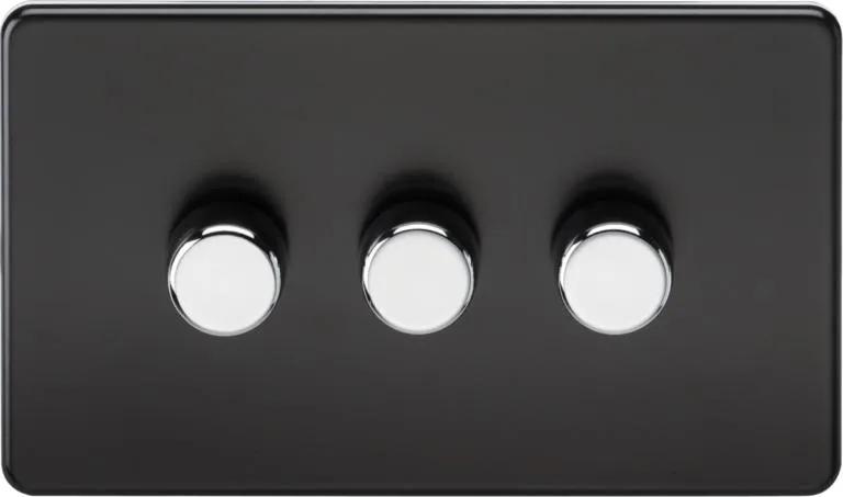 Screwless 3G 2-way 10-200W (5-150W LED) trailing edge dimmer – Matt Black with chrome knobs (Chrome Black)