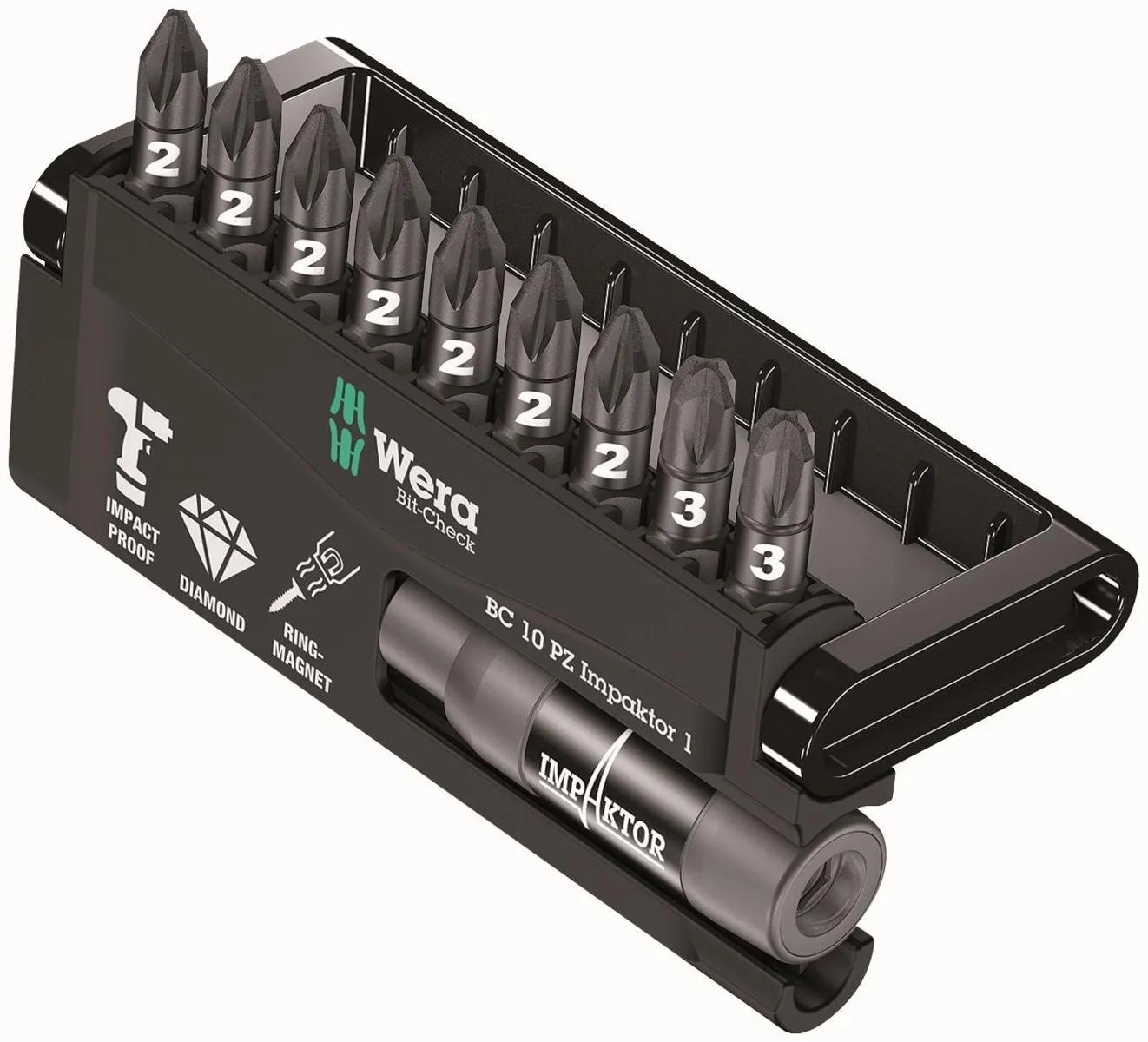 Wera Bit-Check 10 Piece PZ Impaktor 1 TriTorsion Long Life Pozidriv Bit Set